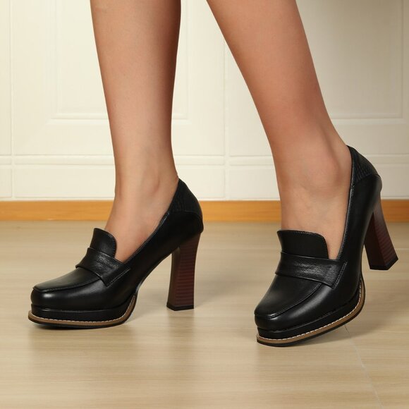 Black Elegant Women's Waterproof Wood Grain Slip-On Pumps - Picture 4 of 8